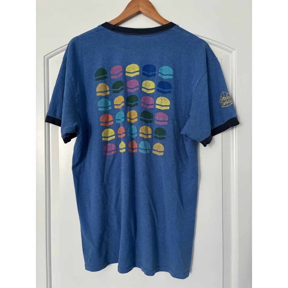 Distressed Vintage White Castle Colorful Burger Grid Ringer Tee Blue Faded Holes